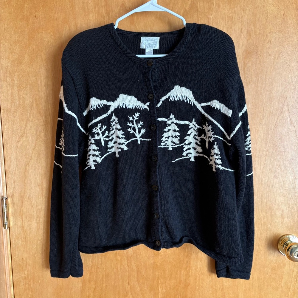 Christopher & Banks Cardigan Women XL Black White Mountain Tree Embroidered 5045
